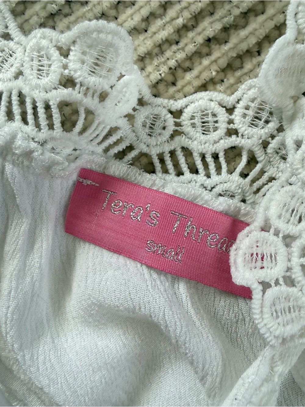 Tera's Threads White Crochet Lace Cami Tank Top Boho Gauze Racerback Strappy S - Picture 6 of 6